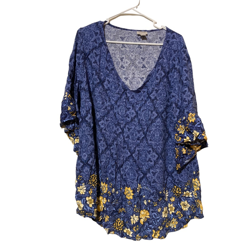 Avenue Womens Flowy Blouse Blue Floral 3/4 Sleeve Ruffle Boho Plus‎ 20